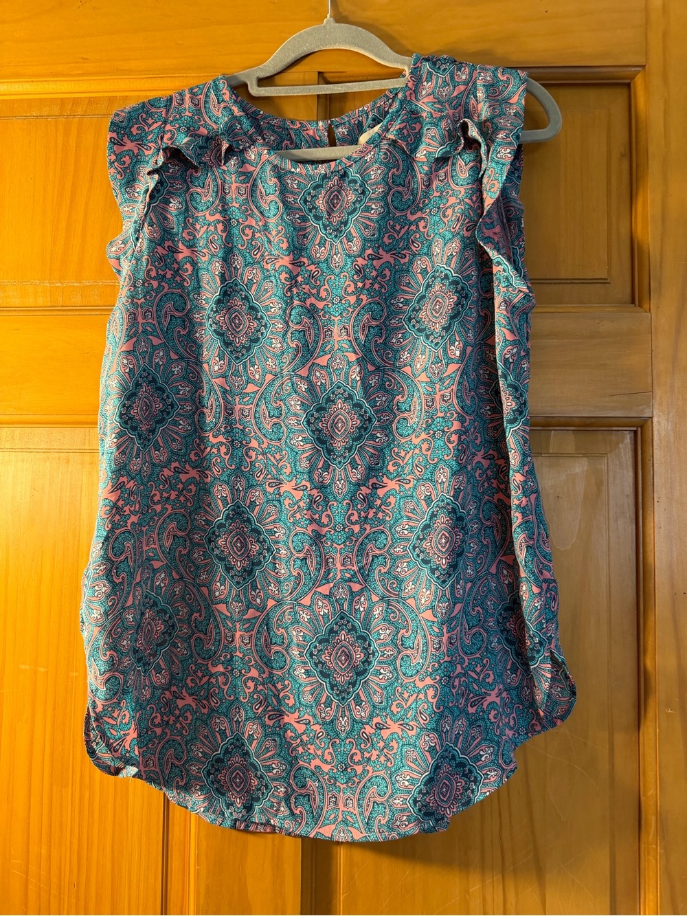Loft Sleeveless Ruffle Shoulder Paisley Print Top - Teal & Pink